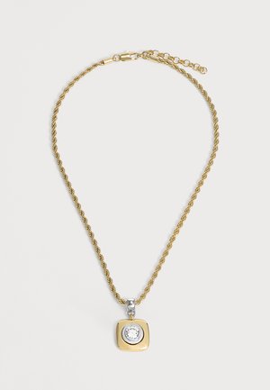 Gold twisted chain necklace with a square gold pendant featuring a centered round clear gemstone and silver bail on a plain background.