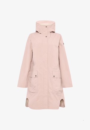 Imperméable long rose clair avec capuche, boutons-pression à l'avant, deux poches à rabat et fentes latérales, présenté sur fond blanc.