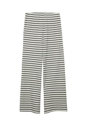 Białe spodnie z szerokimi nogawkami z czarnymi poziomymi paskami i elastycznym paskiem w talii, przedstawione na białym tle.