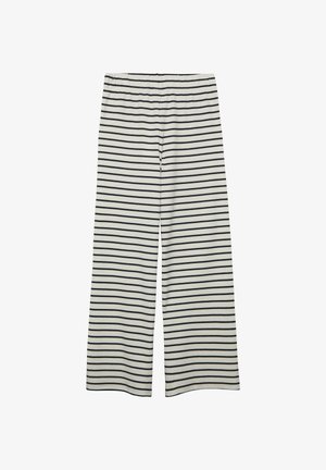White wide-leg pants with black horizontal stripes and an elastic waistband, displayed on a white background.