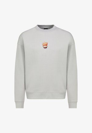 Hellgraues Sweatshirt aus Baumwollmischung, mit einem zentralen bestickten Design von Pommes in einer Schüssel. Rundhals-Ausschnitt und gerippte Bündchen.