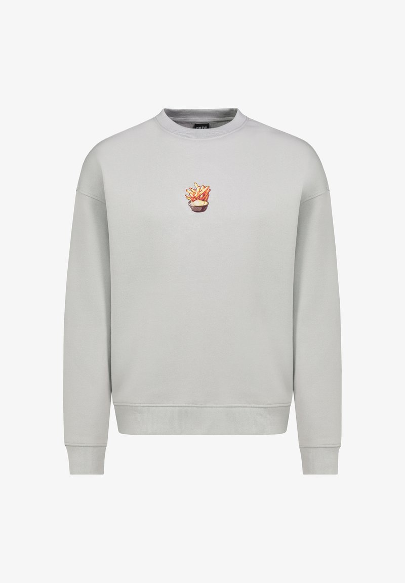 Light gray sweatshirt made of cotton blend, featuring a central embroidered design of fries in a bowl. Crew neckline and ribbed cuffs.