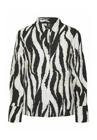 Zwart-witte opknopen blouse van een textuur met een kreukelige stof. Heeft een gestreept patroon dat lijkt op dierenprint en een klassieke kraag.