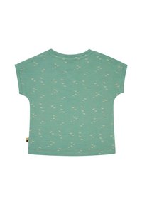 Short-sleeve green t-shirt featuring a bird pattern, made of soft fabric with a relaxed fit and rounded neckline.