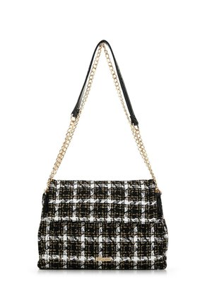 Black and white tweed handbag with chain and faux leather strap. Rectangular shape featuring a checkered pattern and golden logo accent.
