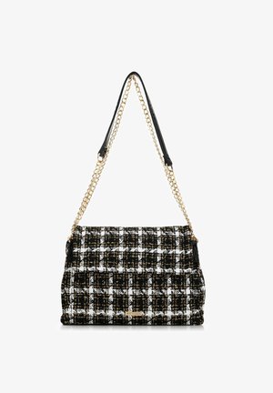 Black and white tweed handbag with chain and faux leather strap. Rectangular shape featuring a checkered pattern and golden logo accent.