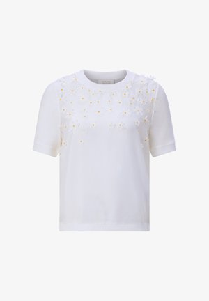 Witte shirt met korte mouwen en textuurrijke 3D bloemenapplicaties op de bovenkant vooraan, ronde halslijn en geribbelde mouwboorden.