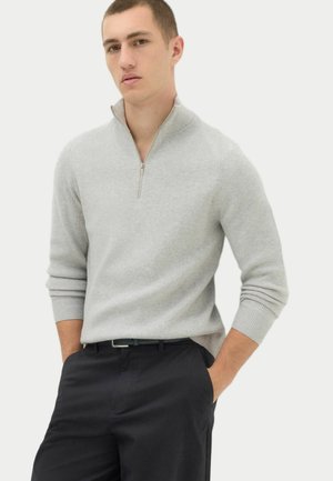 Ung mand iført en lysegrå sweater med kvart lynlås med hænderne i lommerne og mørke bukser mod en ensartet lys baggrund.