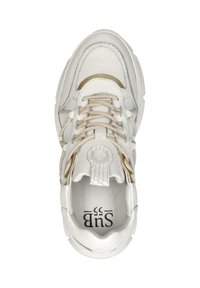 White sneaker with textured leather, mesh panels, and beige accents. Features rounded toe, thick soles, and unique lace design.