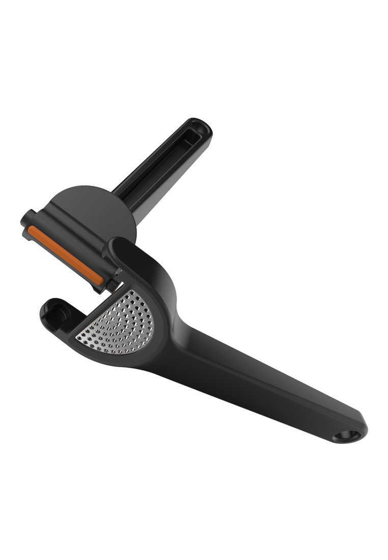 Schwarzer Zester mit metallischem Reibkopf und ergonomischem Griff. Verfügt über einen orangefarbenen Akzent und ein Loch zum Aufhängen.