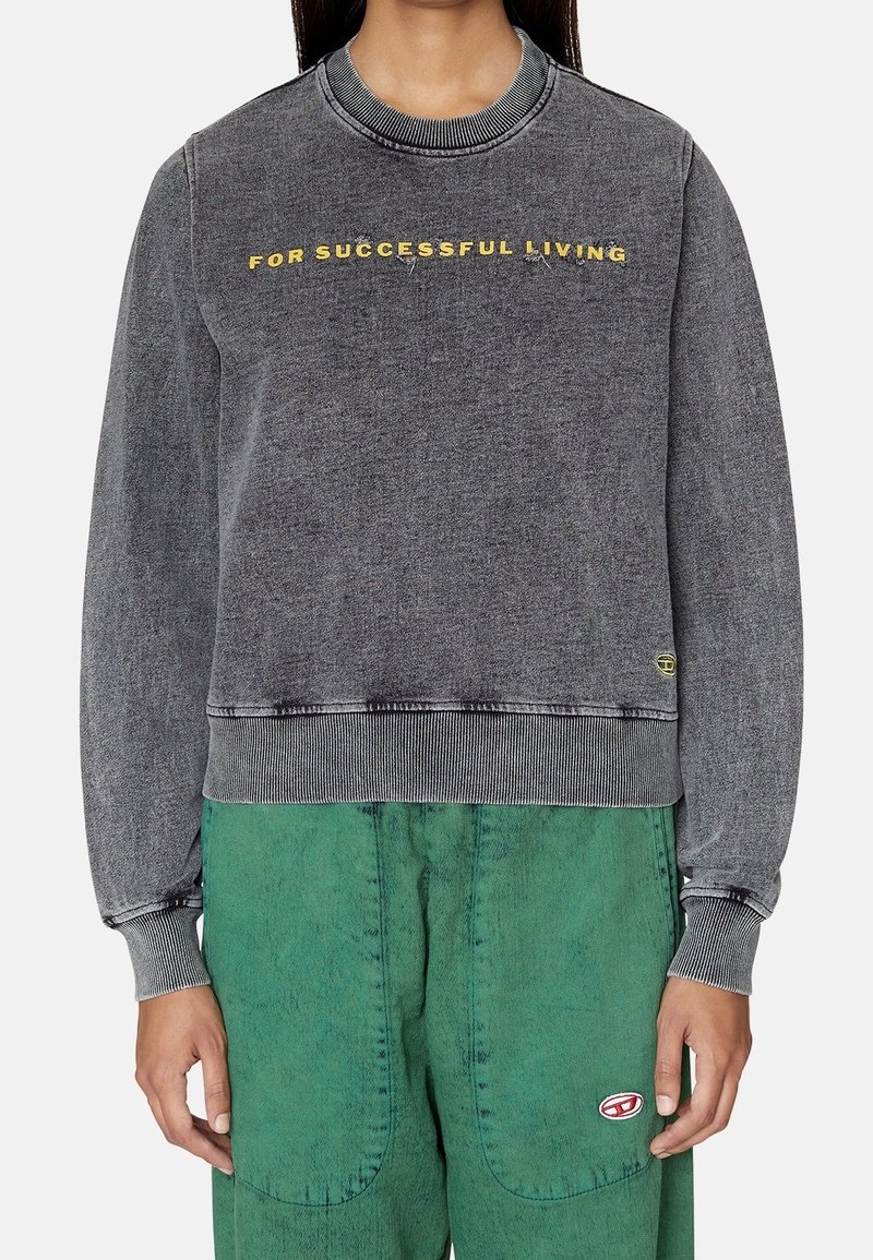 Gray sweatshirt with a ribbed collar and cuffs, featuring yellow embroidered text "FOR SUCCESSFUL LIVING" across the chest.