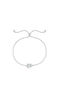 Pulsera de plata ajustable con una cadena trenzada y un diseño floral que presenta una gema azul central y dos piedras de acento más pequeñas.