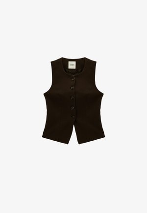 Donkerbruine mouwloze getailleerde vest met vijf knopen aan de voorkant en een licht uitlopende zoom, getoond tegen een witte achtergrond.