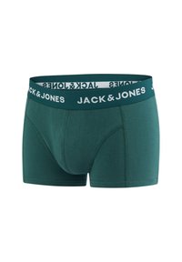 Donker groene boxershorts met een witte merk elastische tailleband met de tekst "JACK & JONES". Gemaakt van zachte stof met een gladde textuur.