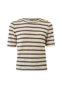 Maglietta a maniche corte in maglia crema con righe a zigzag in nero e marrone, dotata di due bottoni dorati sulla spalla e un colletto rotondo.