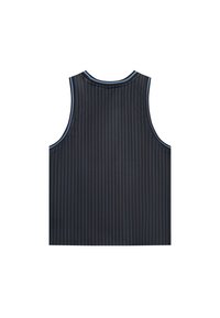 Fekete ujja nélküli trikó, kék csíkozott mintával, bordázott nyakkivágással és sima, könnyű anyaggal.