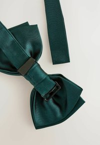 Papion din satin de culoare verde închis, cu o formă structurată, având un sistem de prindere ajustabil din metal negru și o textură netedă, lucioasă.