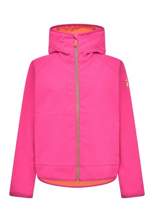 Helderroze hooded jack met een centrale rits, elastische manchetten en een oranje binnenvoering. Heeft zijzakken en logo-detail.