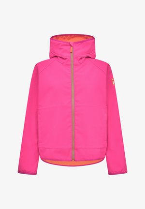 Chaqueta con capucha de un brillante color rosa que presenta una cremallera central, puños elásticos y un forro interior naranja. Incluye bolsillos laterales y detalles del logo.