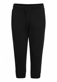 Černé zkrácené jogger kalhoty vyrobené z jemné látky, s elastickým pasem na šňůrku a elastickými manžetami na kotnících.