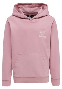 Roze hoodie gemaakt van zachte katoen, met een voorzak, geribbelde manchetten en een geborduurd logo op de borst.