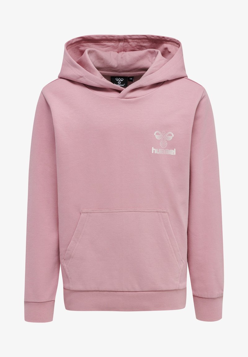 Lyserød hættetrøje lavet af blødt bomuld, med en frontlomme, ribbede manchetter og et broderet logo på brystet.