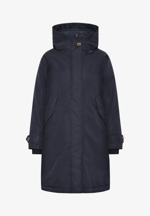 Navyblaue wasserdichte Parka mit Kapuze, zwei Seitentaschen und geknöpften Manschetten. Glatte Textur und stromlinienförmiges Design für Wärme.