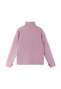 Maglietta rosa a maniche lunghe con collo alto, texture liscia e dettagli in metallo laterali. Design semplice e squadrato senza fantasie.