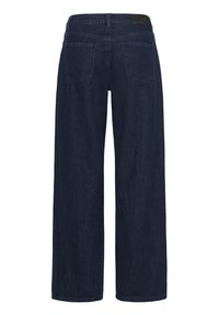 Långa denimjeans i mörkblått med en slät textur, med en hög midja och två bakfickor. Diskret sömnadsdetalj.