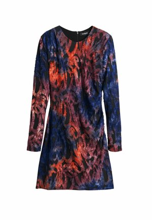 Rochie cu mâneci lungi, într-un model abstract vibrant de roșu, albastru și negru. Confecționată dintr-un material neted, cu decolteu rotund și fermoar la spate.