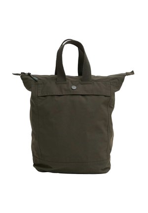 Geantă tote verde închis cu două mânere, un buzunar cu clapetă în față, asigurat cu un nasture cu capă, și închidere cu fermoar în partea de sus.