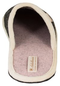 Dark gray felt slipper with a cream plush lining. Features a soft, padded interior and a flat sole. Label visible on the insole.
