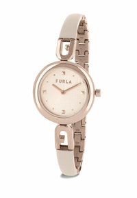 Montre en or rose avec un cadran rond, un visage à motif crème, des accents argentés, et un bracelet combiné en métal et cuir arborant un logo "F".
