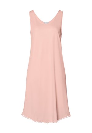 Mouwloze roze jurk van gladde stof, met een ronde halslijn en een geschulpte zoom, met een A-lijn silhouet.