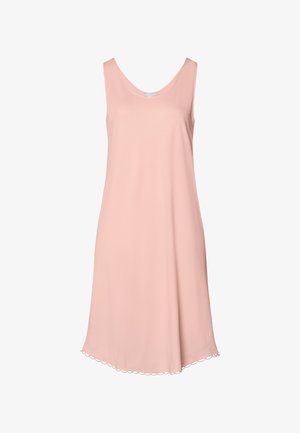 Hihaton vaaleanpunainen mekko, joka on valmistettu sileästä kankaasta, jossa on pyöreä kaula-aukko ja aaltoileva helma, A-linjainen siluetti.