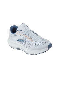 Hellblauer Sportschuh mit atmungsaktivem Mesh, blauer Innensohle, weißer Sohle und "S"-Logo an der Seite, entworfen für das Laufen.