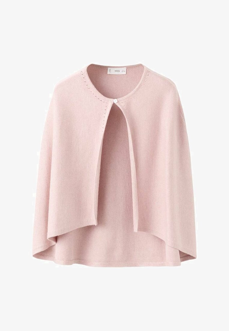 Cape en maille rose clair avec un col arrondi, doté d'une fermeture boutonnée à l'avant et de coutures décoratives discrètes le long des bords.