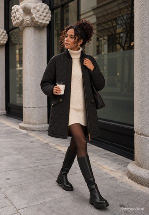 Une femme vêtue d’un manteau noir matelassé, d’un pull crème et de bottes hautes passe devant un bâtiment en pierre, tenant un café à emporter et un sac à bandoulière.