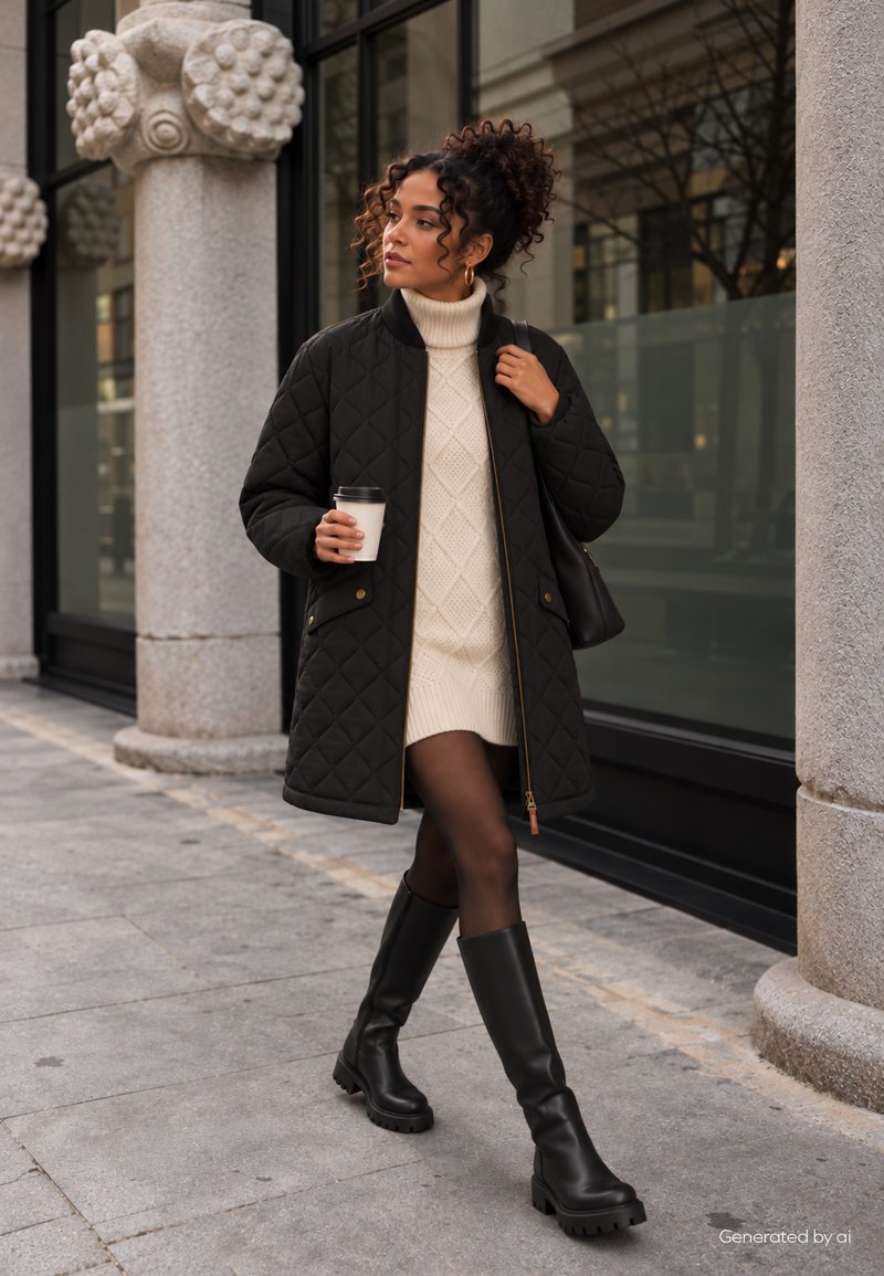 Une femme vêtue d’un manteau noir matelassé, d’un pull crème et de bottes hautes passe devant un bâtiment en pierre, tenant un café à emporter et un sac à bandoulière.