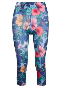 Bloem motief actieve leggings met een blauwe achtergrond, voorzien van grote roze, oranje en witte bloemen. Gemaakt van rekbare, gladde stof.
