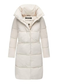 Padded winter coat in light cream, featuring a high collar, long sleeves, front buttons, and horizontal quilting for insulation.