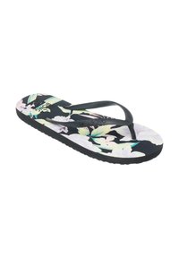 Sorte flip-flops med blomstermotiv, der har pink og hvide blomster. Tekstureret fodseng og sorte gummistropper med et mærke-logo.