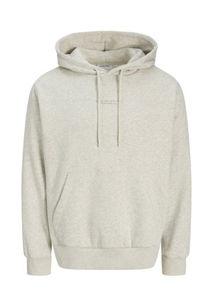 Felpa grigia chiara realizzata in tessuto morbido. Presenta una tasca a marsupio, un cappuccio regolabile con coulisse e una piccola stampa del logo sul frontale.