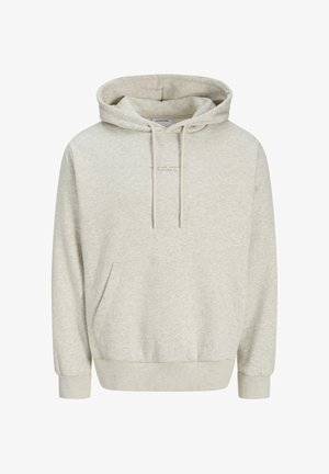 Light grey hoodie made of soft fabric. Features a kangaroo pocket, adjustable drawstring hood, and a small logo print on the front.