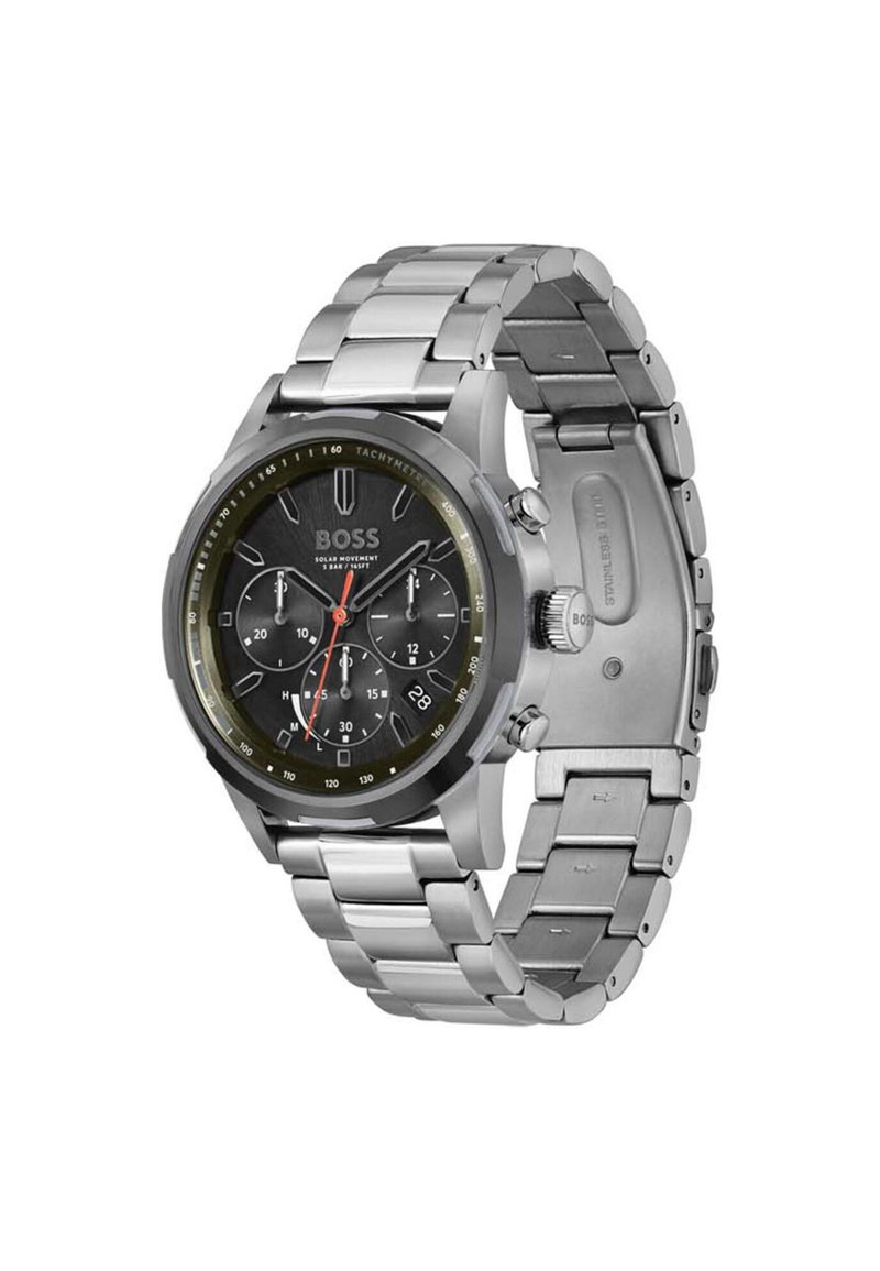 Silberner Edelstahlarmbanduhr mit rundem schwarzem Zifferblatt, leuchtenden Zeigern, Tachymeter-Markierungen und Datumsanzeige; einschließlich eines Gliederarmbands.