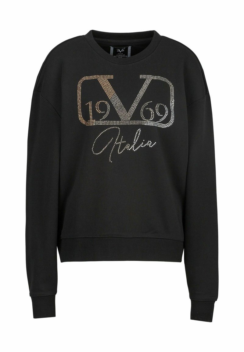 Zwarte sweatshirt van katoen, voorzien van een glanzende strass graphic met de tekst "1969 Italic" in zilveren en gouden accenten, en een ronde hals.