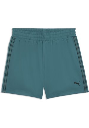 Turkusowe sportowe szorty z elastycznym pasem, czarne logo Puma na lewej nodze oraz czarny pasek z logo biegnący wzdłuż obu boków.