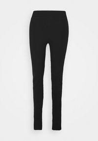 Leggings pretas com uma textura suave, design ajustado e um cós alto. Sem padrões ou adornos visíveis.