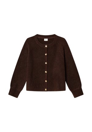 Dunkelbrauner Strickcardigan mit langen Ärmeln und sechs vorderen Knöpfen, mit rundem Ausschnitt und gerippten Bündchen.
