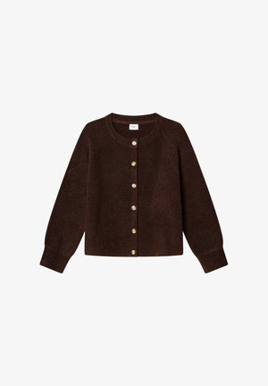 Dunkelbrauner Strickcardigan mit langen Ärmeln und sechs vorderen Knöpfen, mit rundem Ausschnitt und gerippten Bündchen.